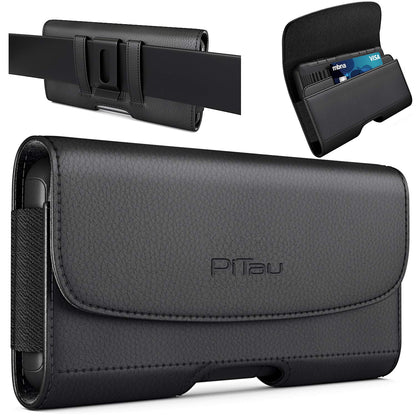 PiTau Holster for iPhone SE, 8, 7, 6s, 6, Premium Cell Phone Belt Holder Case with Clip Loops ID Card Carrying Pouch Cover, (Fits Apple Phone with Case on) Black Small