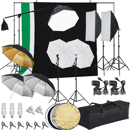 PioneerWorks Photography Lighting kit with Backdrops, 8.5ftx10ft Backdrop Stand, 5 tripod stands and Bulb, Umbrella Softbox Continuous Lighting, Photo Studio Equipment for Portrait Product Photo Shoot