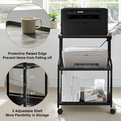 Lauren&Harold 34'' Printer Stand with Power Outlets & USB Ports, 3-Tier Adjustable Rolling Cart, Heavy Duty 150LBS Storage Table with Wheels for Office, Kitchen, Living Room, Black