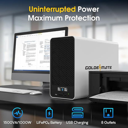 1500VA/1000W Lithium UPS Battery Backup and Surge Protector, Backup Battery Power Supply with LiFePO4 Batteries(296Wh), AVR, Line Interactive Sinewave UPS System, 8 Outlets, LCD Display