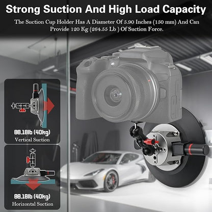 Suction Cup Camera Mount with Ball Head Magic Arm, 5.9"/15cm Air Pump Vacuum Camera Suction Mount on Car Windshield Dash for Action Cameras/Phone Holder, with 1/4" & 3/8" Mounting ARRI Holes