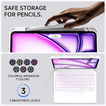 ONLY fit for iPad 12.9 inch Pro 6/5/4/3rd Gen & 13 inch iPad Air (2025 M3, 2024 M2) Case with Detachable Keyboard Trackpad, 360 Rotate Cover Pencil Holder 12 Shortcut Key 7 Color Backlit, White