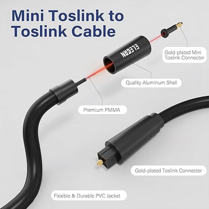 Elecan Mini Toslink to Toslink Digital Optical S/PDIF Audio Cable 4 Ft, Gold Plated Soft Flexible Fiber Optic Cable,Signal Protection PVC,Surround Sound for Soundbar,Home Theater,Hi-Fi System+Ties MI