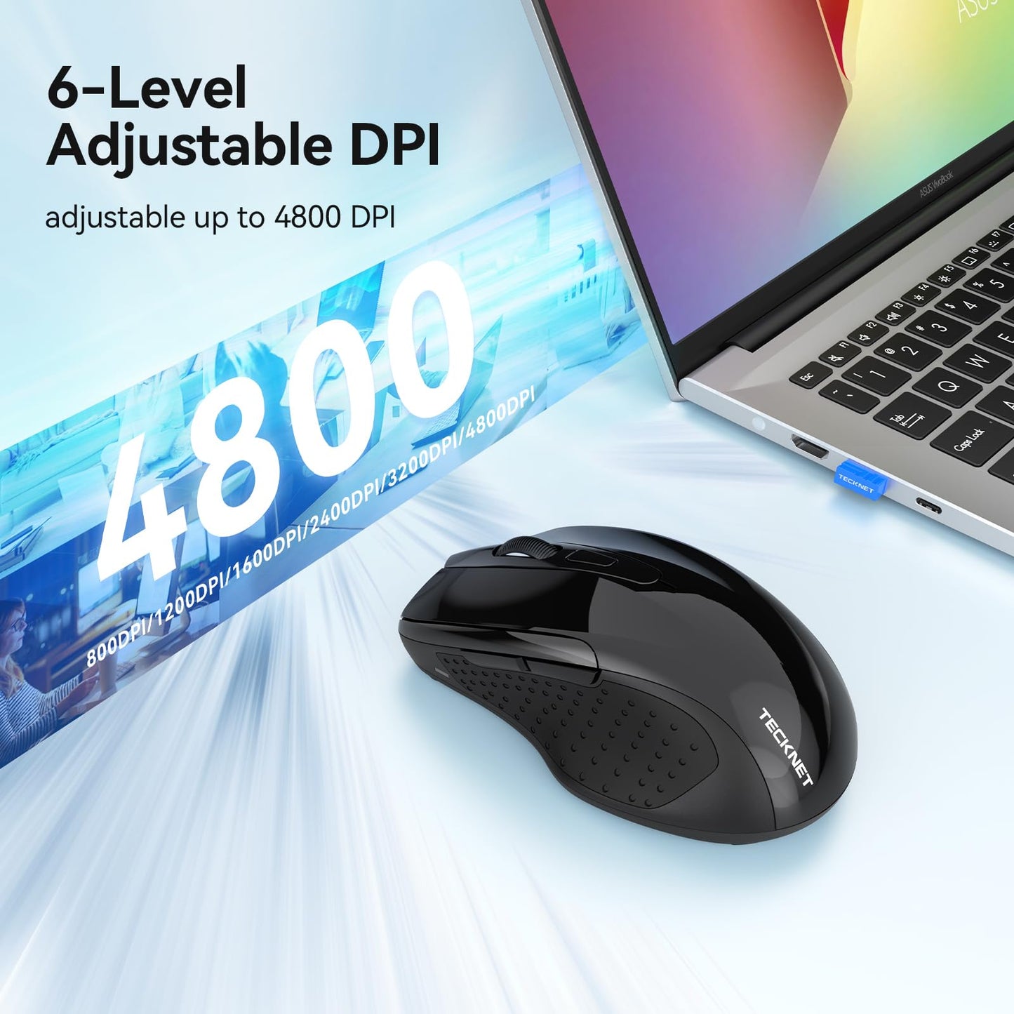 TECKNET Rechargeable Jiggler Wireless Mouse, Dual-Mode Connectivity, Black