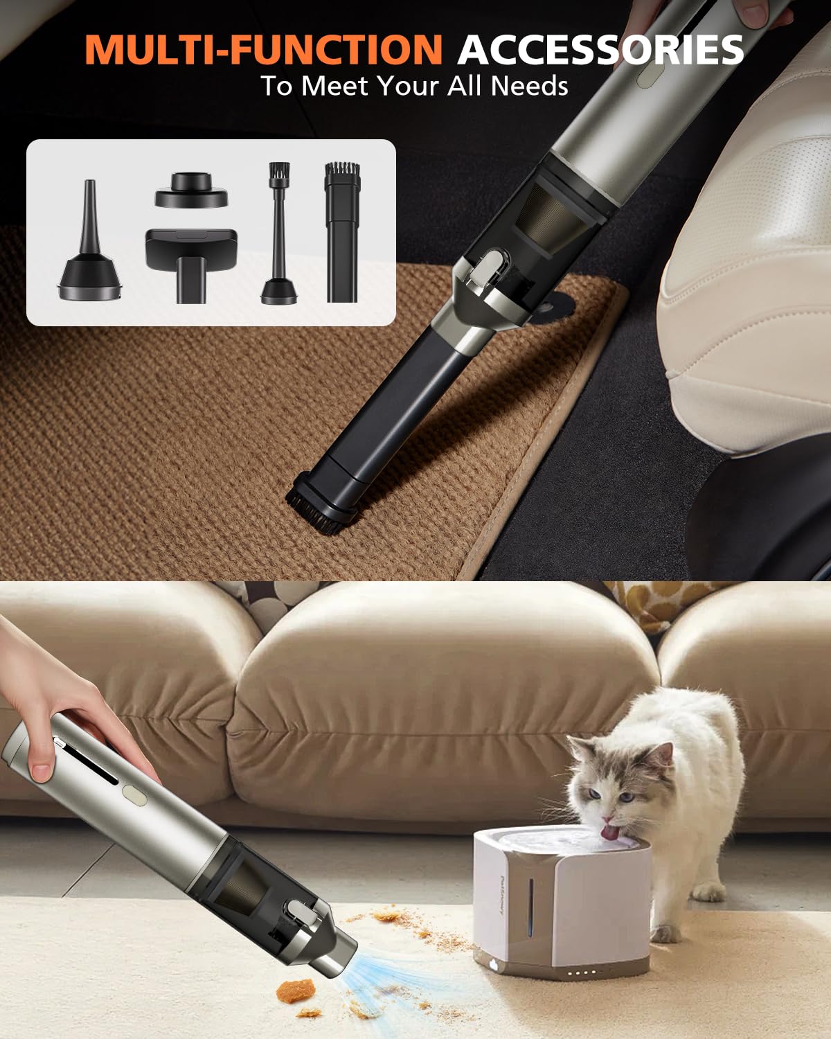 NOVARHOME Car Vacuum Portable with 16000Pa Powerful Suction, Handheld Vacuum Cordless Rechargeable Blow & Suction 4 in 1, Small Vacuum Cleaner for Car, Outdoor, Home, Office (Gold Renew)