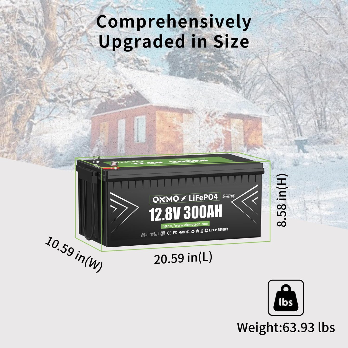 OKMO 12V 300Ah LiFePO4 Lithium Battery With Bluetooth Built-in 150A BMS Low-Temp Protection for RV, Solar/Off-Grid Applications, Home Energy Storage, Marine