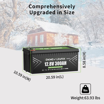 OKMO 12V 300Ah LiFePO4 Lithium Battery With Bluetooth Built-in 150A BMS Low-Temp Protection for RV, Solar/Off-Grid Applications, Home Energy Storage, Marine