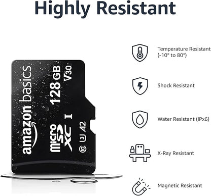 Amazon Basics Micro SDXC Memory Card with Full Size Adapter, A2, U3, Read Speed up to 100 MB/s, 128 GB, Black