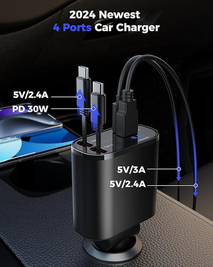 SUPERONE Retractable Car Charger for iPhone with Dual Type C Cables, 4 in 1 USB C Car Charger Adapter with PD 60W Fast Charging Compatible with iPhone 16 15 14 13 12 11 Pro/XS/XR/SE/iPad/Airpods