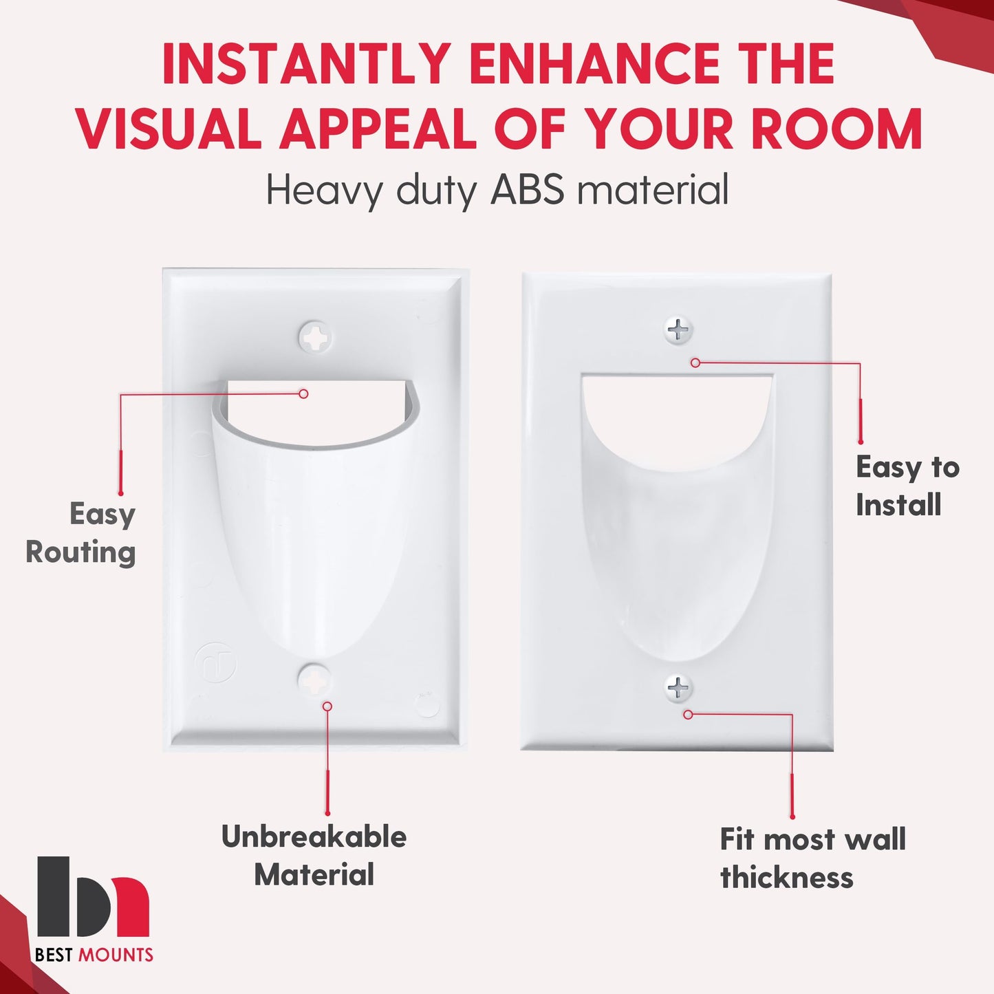 1 Pack Wall Plate Cable Pass Through with Bracket - In Wall Cable Management Kit - Recessed Cable Wall Plate Pair with Single Gang Low Voltage Mounting Bracket - Decorator Cover for Low Voltage Cables