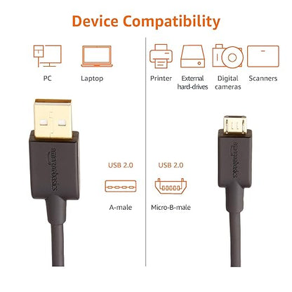 Amazon Basics 3-Pack USB-A to Micro USB Charging Cable, 480Mbps Transfer Speed with Gold-Plated Plugs, USB 2.0, 3 Foot, Black
