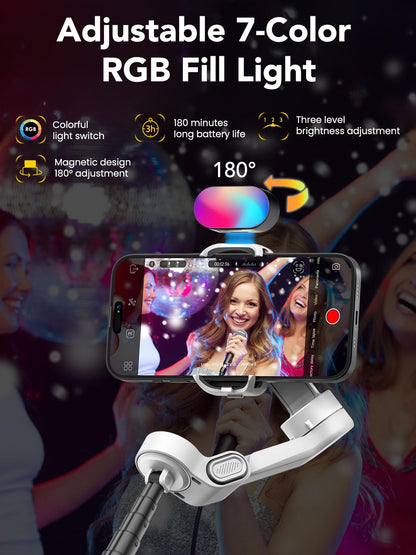 AOCHUAN Smart X2 3-Axis Gimbal Stabilizer for Smartphone with Adjustable RGB Fill Light, Built-in 20cm Extension Pole Selfie Stick, OLED Screen for Night Shots, Video Recording,X2 KIT White