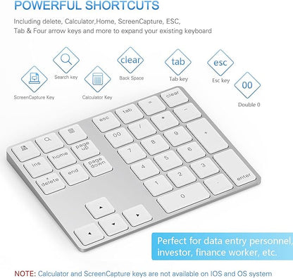 Lekvey Bluetooth Number Pad, Aluminum Rechargeable Wireless Numeric Keypad Slim 34-Keys External Numpad Keyboard Data Entry for Laptop, MacBook, MacBook Air/Pro, iMac, Windows, Surface Pro - Silver