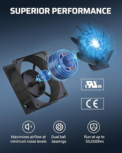 DEWENWILS 120V AC Muffin Fan, 120mm×38mm Exhaust Fan, Waterproof Case Cooling Fan with Speed Control, UL-Certified for DIY Cooling Exhaust Ventilation Needs, Flame-Resistant, 2 Pack
