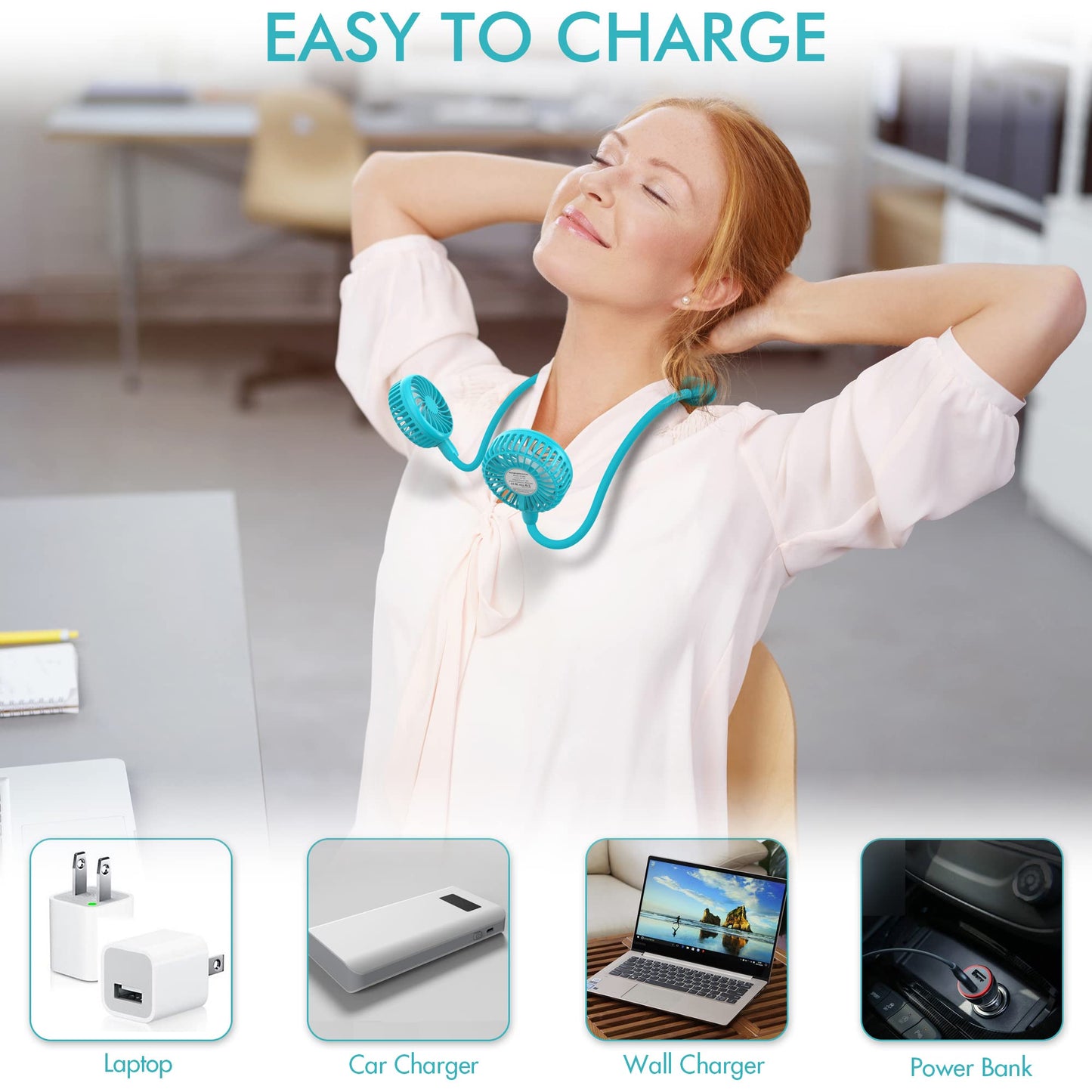 Portable Neck Fan, 2600mAh Battery Operated Sport Fan Ultra Quiet Hands Free USB Fan with 3 Speeds, Strong Wind, 360° Adjustable High Flexibility Wearable Personal Fan for Office Outdoor Travel (Cyan)