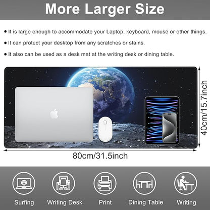 Mouse Pad, Large View of Earth from The Moon Surface Desk Mat, Extended Non-Slip Gaming Keyboard Mousepad Desk Pad, Thick Stitched Edges Waterproof Mouse Mat 31.5"x15.7" (Beautiful Blue Earth)