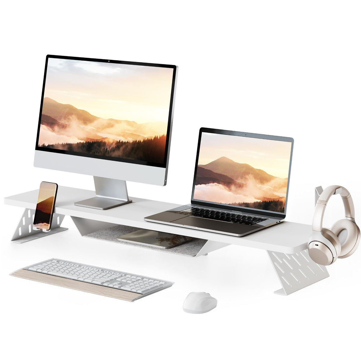 Fenge Dual Monitor Stand, Wooden Desk Shelf with Headphone & Phone Holder