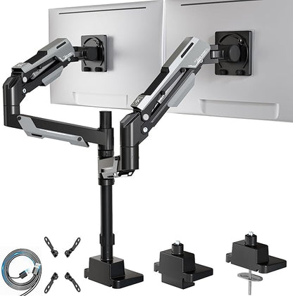 ARES WING Dual Monitor Mount, Adjustable Stacked Monitor Stand with USB A/C, Heavy Duty Gas Spring Monitor Desk Stand for 2 Monitors for 24-57 Inch Ultrawide Screen, 75/100/200 Vesa Mount, Black