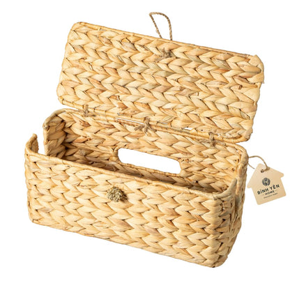 BINH YEN HOME Wicker Cable Management Box with Lid, A Handwoven Water Hyacinth Cords Hider Box for TV, Computer, Router, USB Hub to Hide Cords & Power Strip for Desk, Floor, Office, 16x6.9x6.9”