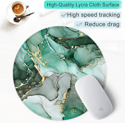 ITNRSIIET Round Mouse Pad with Stitched Edge Premium-Textured Waterproof Non-Slip Rubber Base Desktop Protection Mat Diameter 8.7 inches, Green Marble Texture