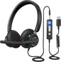 USB Headset with Microphone for PC, Wired Headphones with Noise Cancelling Mic, Computer Headset with in-line Controls, 3.5mm & USB Plug for Zoom, Skype, Call Center, Office Use, Black