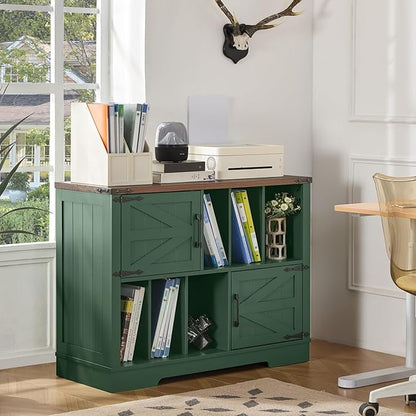 Large Record Player Stand with Vinyl Storage Up to 450 Albums, 39 Inch Farmhouse Wood Green Vinyl Records Storage Cabinet with Barn Doors, Mid-Century Accent Turntable Stand for Living Room