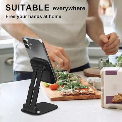 DEERLAMN Cell Phone Stand for Desk, Height Adjustable Cell Phone Holder Portable Desktop Stand, Travel Home Office Desk Accessories Compatible with iPhone 16/15/14/13/12/11 All Smartphone - Black
