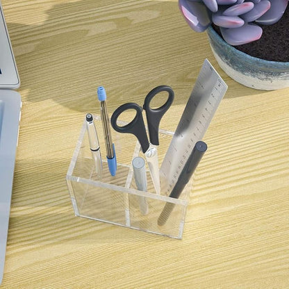 NIUBEE Acrylic Pen Holder 2 Compartments, Clear Pencil Organizer Cup for Countertop Desk Accessory Storage