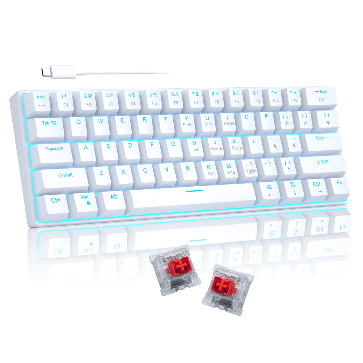 Camiysn 60% Mechanical Gaming Keyboard, White Gaming Keyboard with Red Switches, Detachable Type-C Cable Mini Keyboard with Blue LED Light for/PC/Laptop