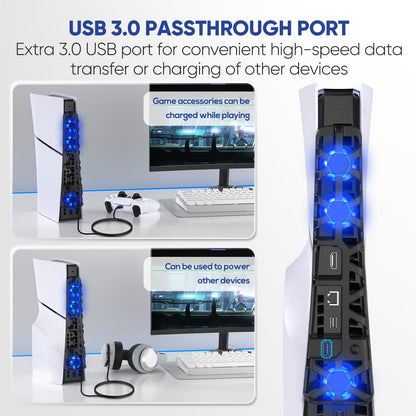 Cooling Fan for PS5 Slim with LED Light,Adjustable 3 Speed,USB 3.0 Port
