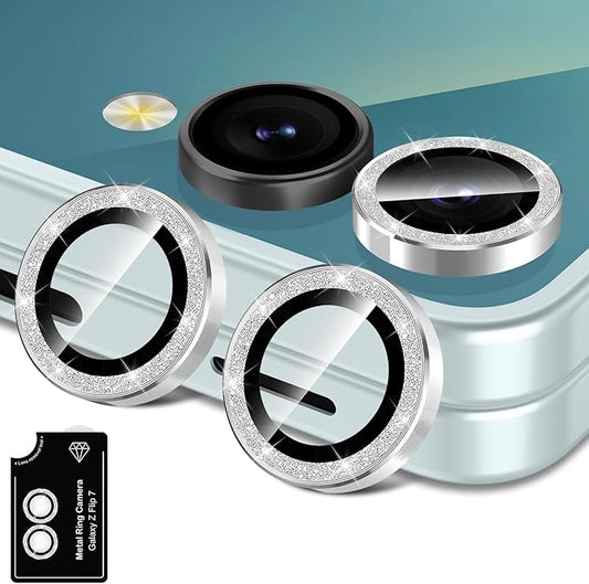 Avocase for Samsung Galaxy Z Flip 7 Camera Lens Protector, Individual Metal Ring Tempered Glass Lens Cover, [Strong Adsorption] Scratch Resistant Ultra-Thin HD Clear Lens Cover, 1 Set-Silvery Sparkly
