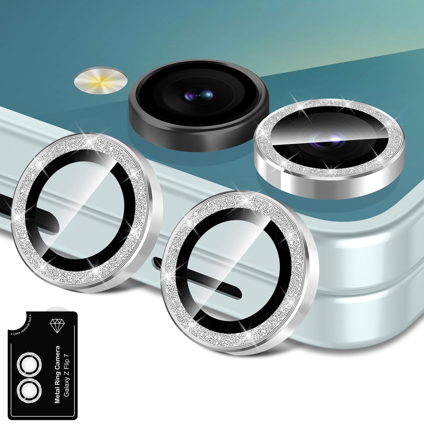 Avocase for Samsung Galaxy Z Flip 7 Camera Lens Protector, Individual Metal Ring Tempered Glass Lens Cover, [Strong Adsorption] Scratch Resistant Ultra-Thin HD Clear Lens Cover, 1 Set-Silvery Sparkly