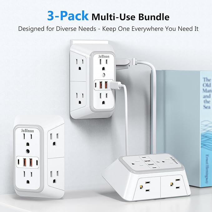 3 Pack Surge Protector Outlet Extender, 6 Outlet Splitter with 4 USB Ports (2 USB C), Multi Plug Wall Outlet 1050J Power Strip, USB Wall Charger for Home Office Kitchen Travel-ETL