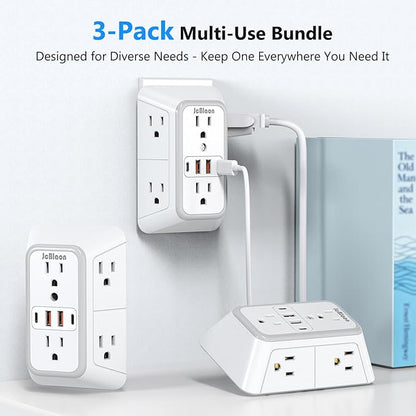 3 Pack Surge Protector Outlet Extender, 6 Outlet Splitter with 4 USB Ports (2 USB C), Multi Plug Wall Outlet 1050J Power Strip, USB Wall Charger for Home Office Kitchen Travel-ETL