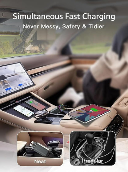 Retractable Car Charger USB C,107W Type C Car Charger Fast Charging with Dual Retractable Cable and USB Ports, Compatible with iPhone 16/15/14/13,S25/24/23/22, Pixel 9/8/7