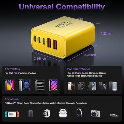 USB C Fast Wall Charger Block, 2Pack 60W USBC Charging Cubes, 5-Port PD+QC Power Adapter Multiport Brick Type C Box Plug for Phone 16/15/14/13/12/11/Pro Max/Plus, Pad Mini/Pro/S25/S24-Yellow