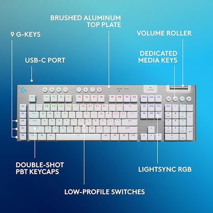 Logitech G915 X Lightspeed Wireless Mechanical Gaming Keyboard, Double-Shot PBT Keycaps, Fully Programmable Keys, RGB Backlit Mac/PC Gaming Keyboards, Aluminum Finish, GL Tactile Switches, White