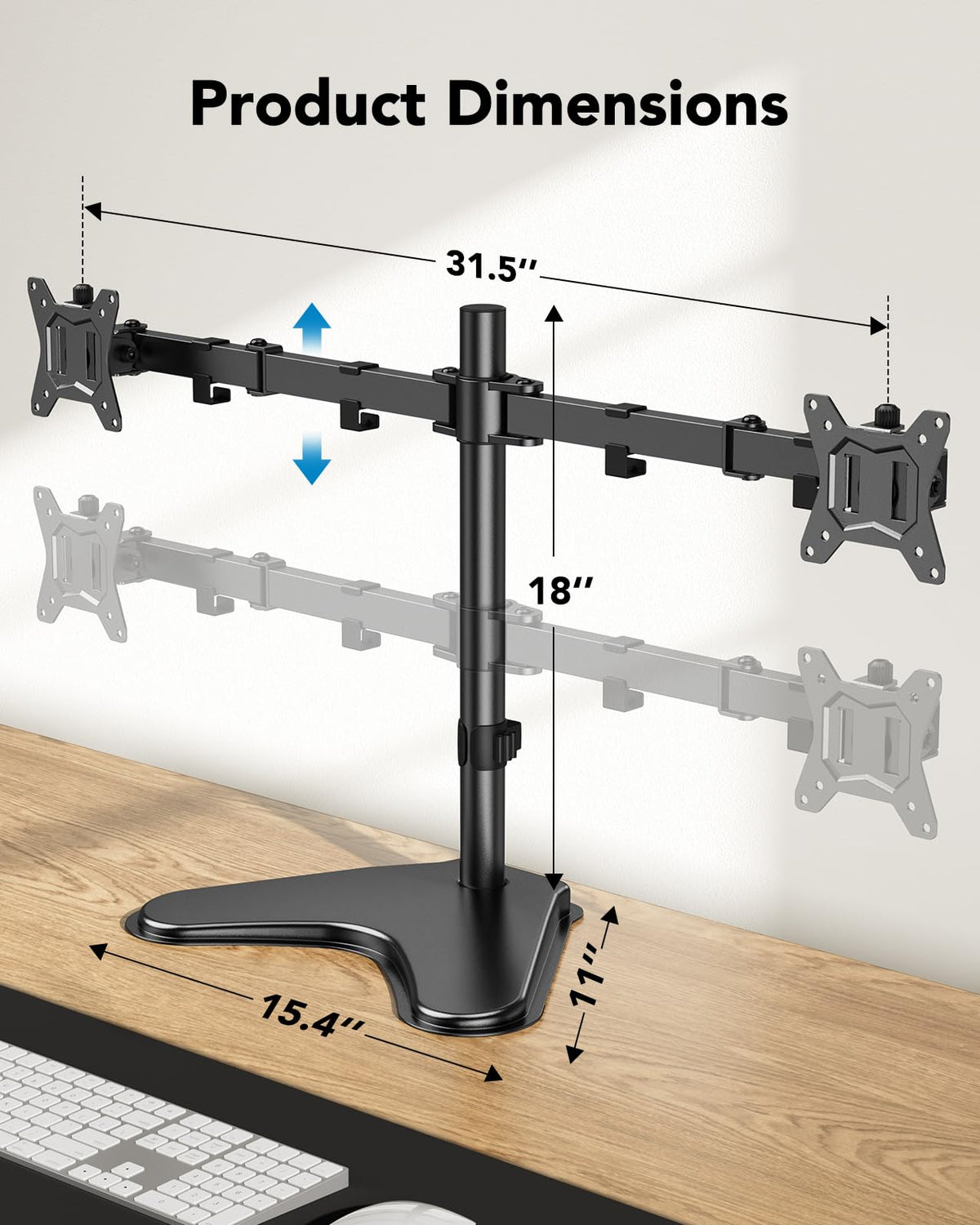 HUANUO 32 inches Dual Monitor Stand up to 17.6lbs per Arm, High-Grade Aluminum Free Standing Dual Monitors Mount for 2 Screens. Fully Adjustable Dual Monitor Stand for Desk with Tilt, Swivel, Rotation