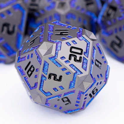 OGCOPHEN Metal DND Sci-fi Dice Set 7PCS Stripe Polyhedral Dice for Dungeons Dragons RPG Role Playing Game, Glitter D and D Dice with Gift Box D6 D8 D10 D12 D20 (Black&Blue Purple)