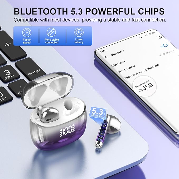 Wireless Earbuds, Bluetooth Headphones 48H Playtime Ear Buds with LED Power Display, IPX7 Waterproof Bluetooth 5.4 Earphones in-Ear Earbuds with 4 Mic for Android iOS Cell Phone Laptop, Purple