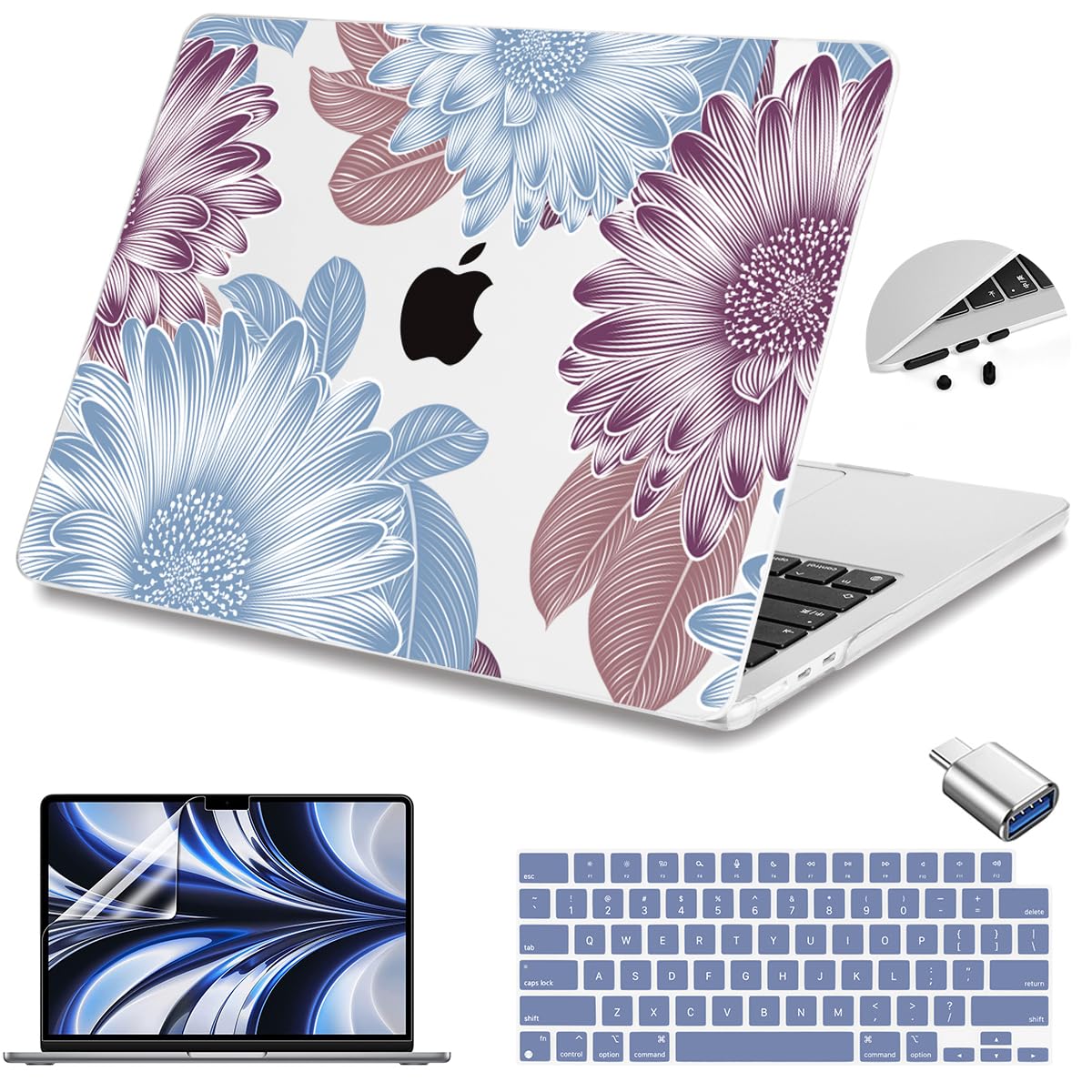 Teryeefi for MacBook Air 13.6 inch Case M5 M4 M3 M2 2022 2023 2024 2025 Model A2681 A3113 A3240 A3449 Plastic Hard Shell Cover with Screen Protector & Keyboard Cover & USB Adapter, Gold Flower Leaf