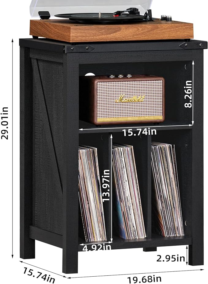 Record Player Stand with Vinyl Record Storage - Holds up to 160 Albums, Large Wooden Turntable Table, Black Cabinet Display Shelf for Living Room, Bedroom, Office