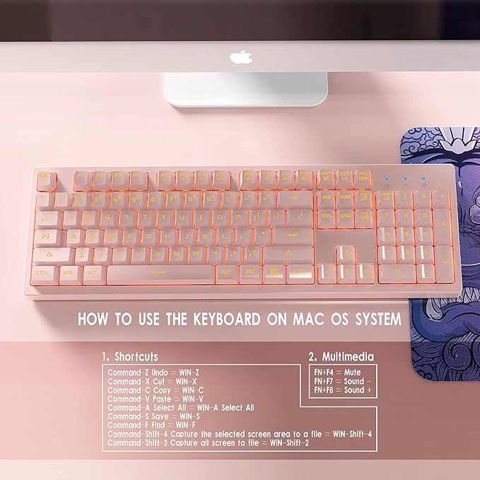 Basaltech Pink Keyboard with 7-Color LED Backlit, 104 Keys Quiet Silent Light Up Keyboards, 19-Key Anti-Ghosting Cheap Gaming Keyboard Mechanical Feeling Waterproof Wired USB for Computer, Mac, Laptop