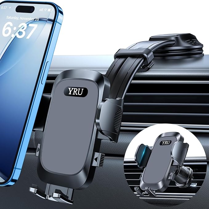 YRU [2025 Ultimate Car Phone Holder Mount [Bendable & Adjustable Aluminum Arm] Cell Phone Holder for Car Dashboard Windshield Phone Stand for iPhone16 15 14 13 Pro Max Samsung Pickup Truck,Dark Silver