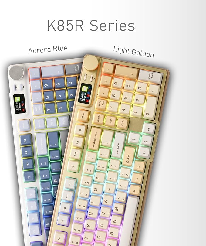 iRocks K85R Wireless RGB Backlit Mechanical Gaming Keyboard with LCD Display, Hot-Swappable Pre-lubed Switches, 98 PBT Keys, USB-C Detachable Cable (Aurora Blue, Silent Bubble Switch)