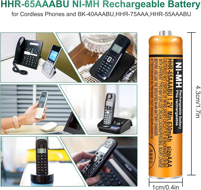 4 Pack HHR-65AAABU NI-MH Rechargeable Battery for Panasonic 1.2V 630mAh AAA Battery for Cordless Phones