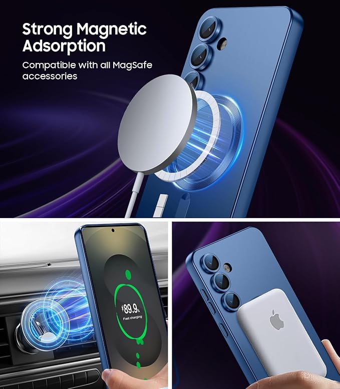 Magnetic for Samsung Galaxy S25 Case [Compatible with MagSafe][Built-in Camera Lens Protector] Slim Soft Silicone Bumper Shockproof Metallic Luster Phone Case (Blue)