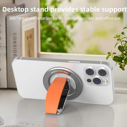 RESPECTED-BRO-Magnetic-Phone-Grip-Stand, Magnetic Phone Ring Holder Kickstand with Silicone Finger Strap, Compatibility for iPhone 17/16/15/14/13/12, Android, and More (Orange)