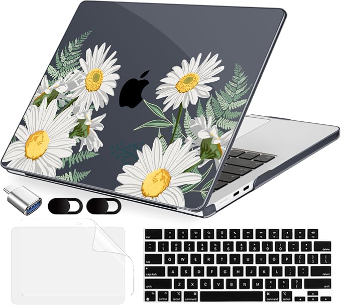 Compatible with MacBook Air 15 inch Case, M4 A3241/M3 A3114/M2 A2941 (Released 2025 to 2023), Hard Shell, Keyboard Cover, Screen Protector, Webcam Cover & Type-C Adapter, Daisies