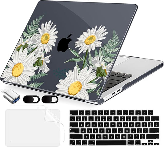 Compatible with MacBook Air 15 inch Case, M4 A3241/M3 A3114/M2 A2941 (Released 2025 to 2023), Hard Shell, Keyboard Cover, Screen Protector, Webcam Cover & Type-C Adapter, Daisies